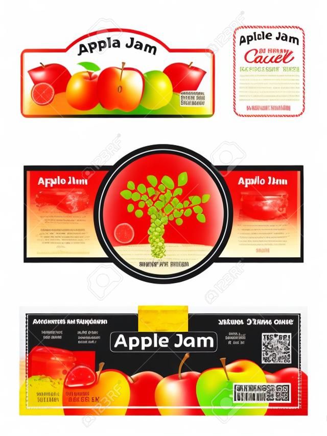 Advertising poster apple jam label, sticker ads fruit jelly foodstuff, pome tablet flat vector illustration, isolated on white.
