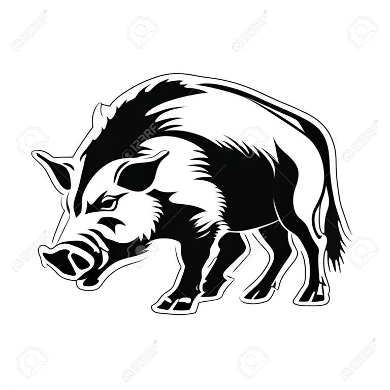 Disegno vettoriale silhouette di un cinghiale, un maiale selvatico con una faccia arrabbiata con le stampelle