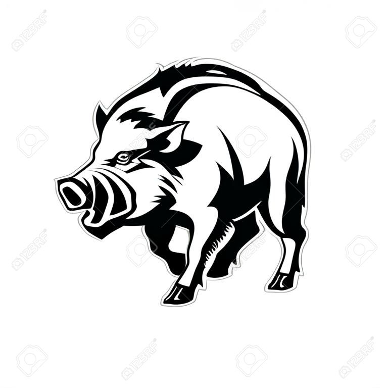 Vector drawing silhouette of a wild boar, a wild pig with an angry face with crutches