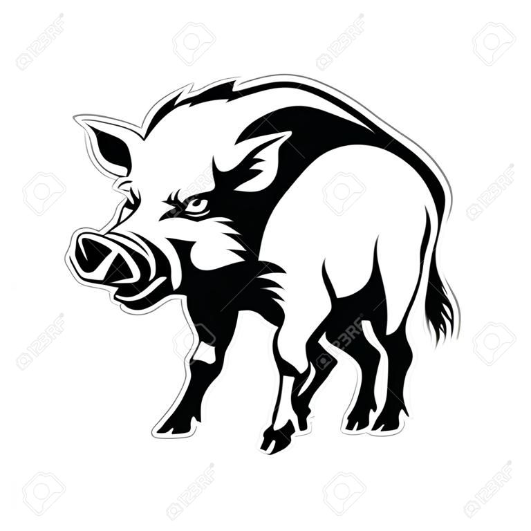 Vector drawing silhouette of a wild boar, a wild pig with an angry face with crutches