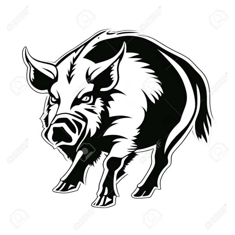 Vector tekenen silhouet van een wild zwijn, een wild varken met een boos gezicht met krukken