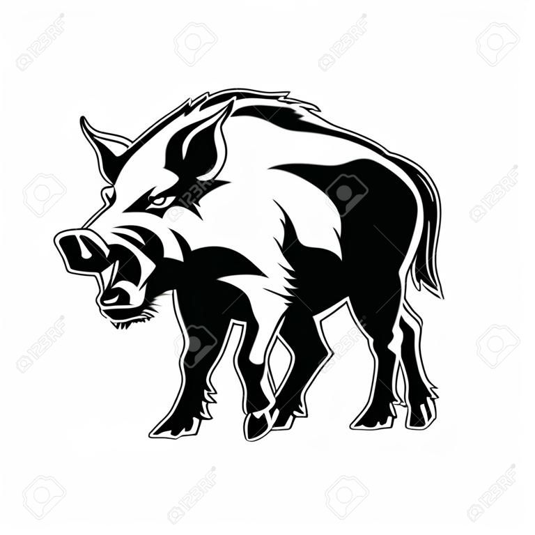 Vector silueta de dibujo de un jabalí, un cerdo salvaje con una cara enojada con muletas