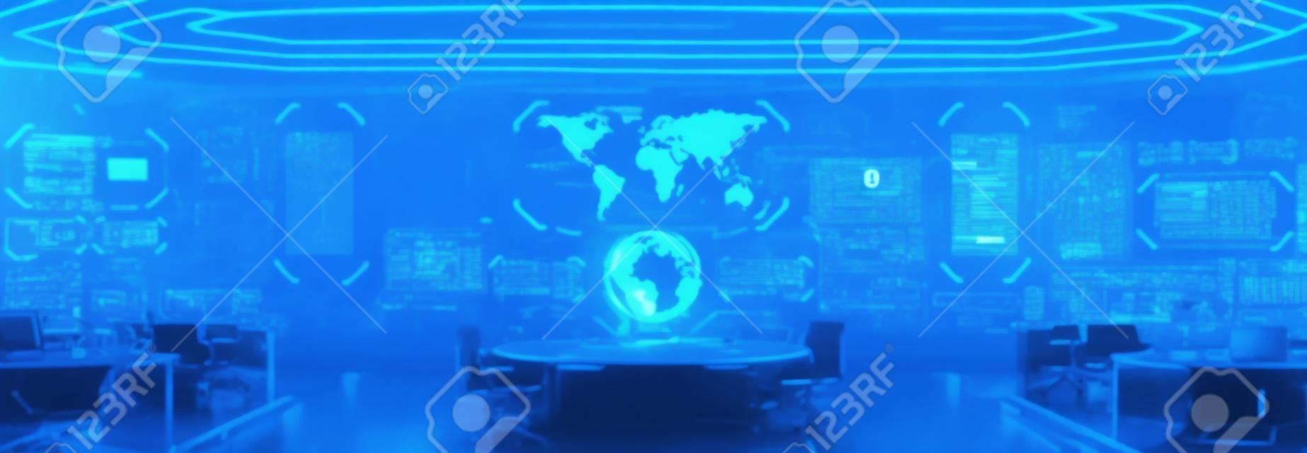 Centro de mando interior, ciberseguridad, sala, azul.
