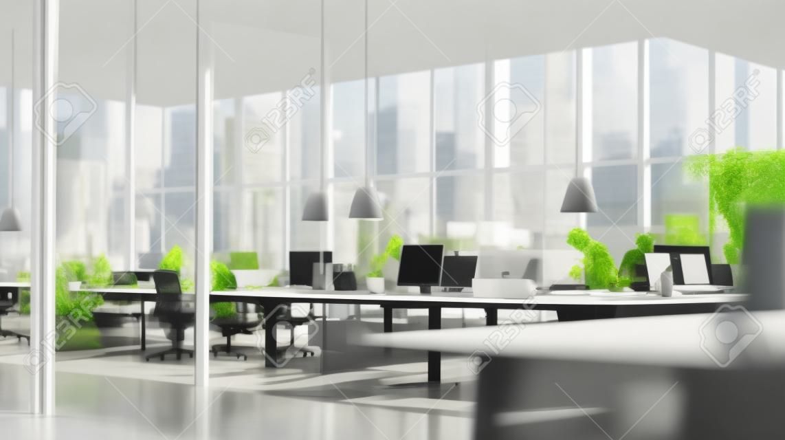 Modern corporate office open space with forest outside the window. Calming and productive workspace for modern lifestyle. Website background.