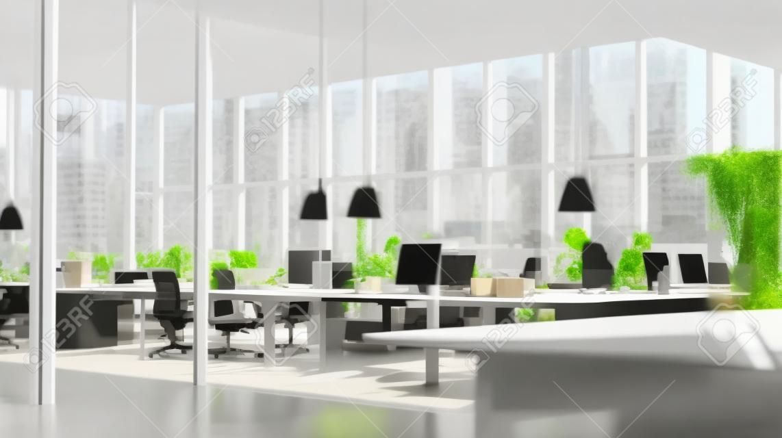 Otwarta przestrzeń nowoczesnego biura korporacyjnego z lasem za oknem, uspokajająca i produktywna przestrzeń do pracy dla tła strony internetowej nowoczesnego stylu życia