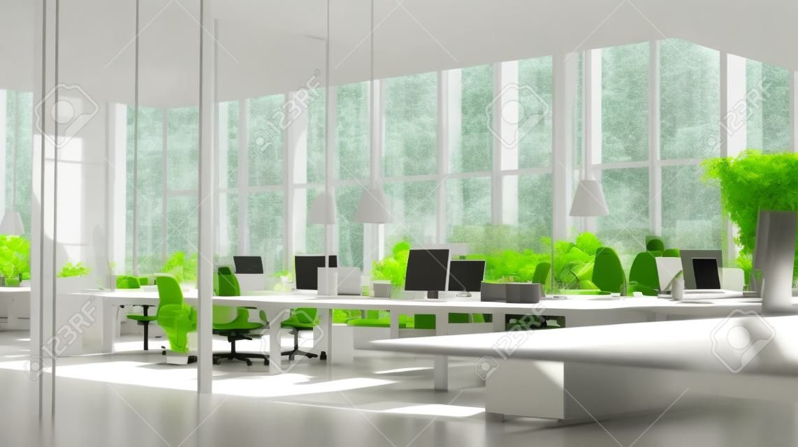 Espace ouvert de bureau d'entreprise moderne avec forêt à l'extérieur de la fenêtre, espace de travail apaisant et productif pour un arrière-plan de site Web de style de vie moderne