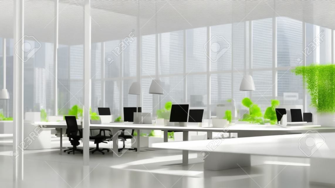 Otwarta przestrzeń nowoczesnego biura korporacyjnego z lasem za oknem, uspokajająca i produktywna przestrzeń do pracy dla tła strony internetowej nowoczesnego stylu życia