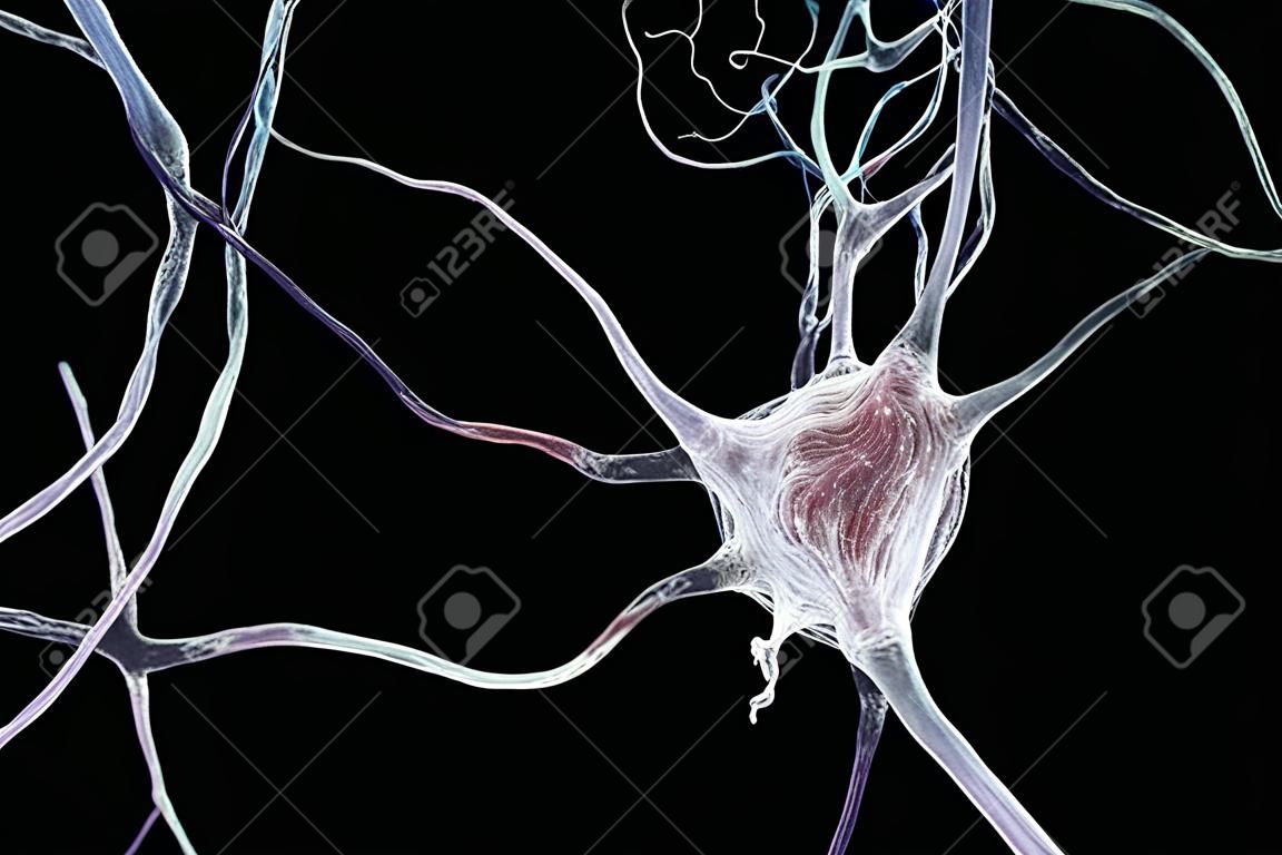 3D ilustracji neuron, komórka mózgu, na kolorowym tle