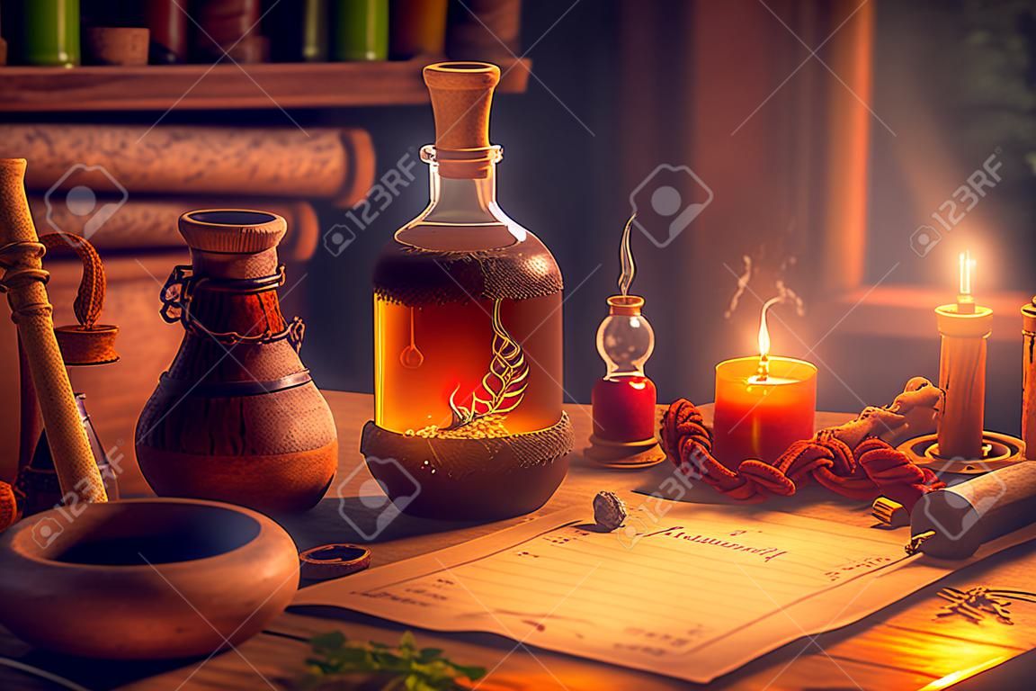 Mesa de trabajo de alquimista. laboratorio de magos, tubos químicos y matraces de diferentes formas y colores, pergaminos, ilustración ai