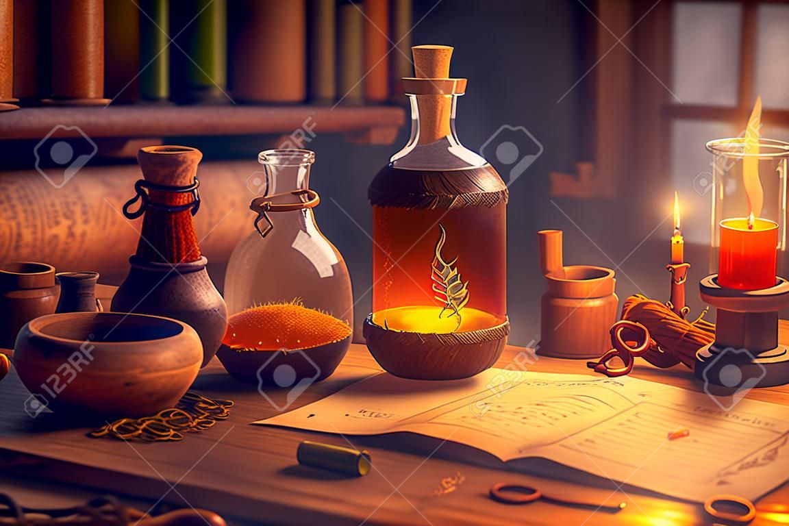 Mesa de trabajo de alquimista. laboratorio de magos, tubos químicos y matraces de diferentes formas y colores, pergaminos, ilustración ai