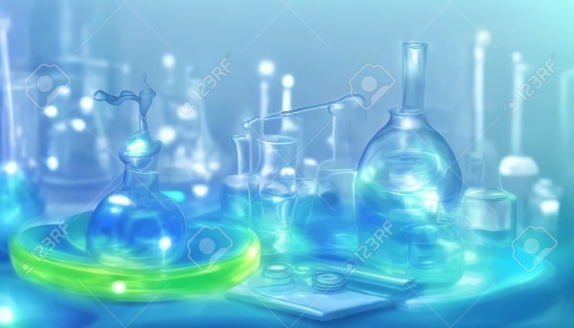 Asistente de laboratorio, tubos químicos y matraces de diferentes formas y colores, ilustración ai