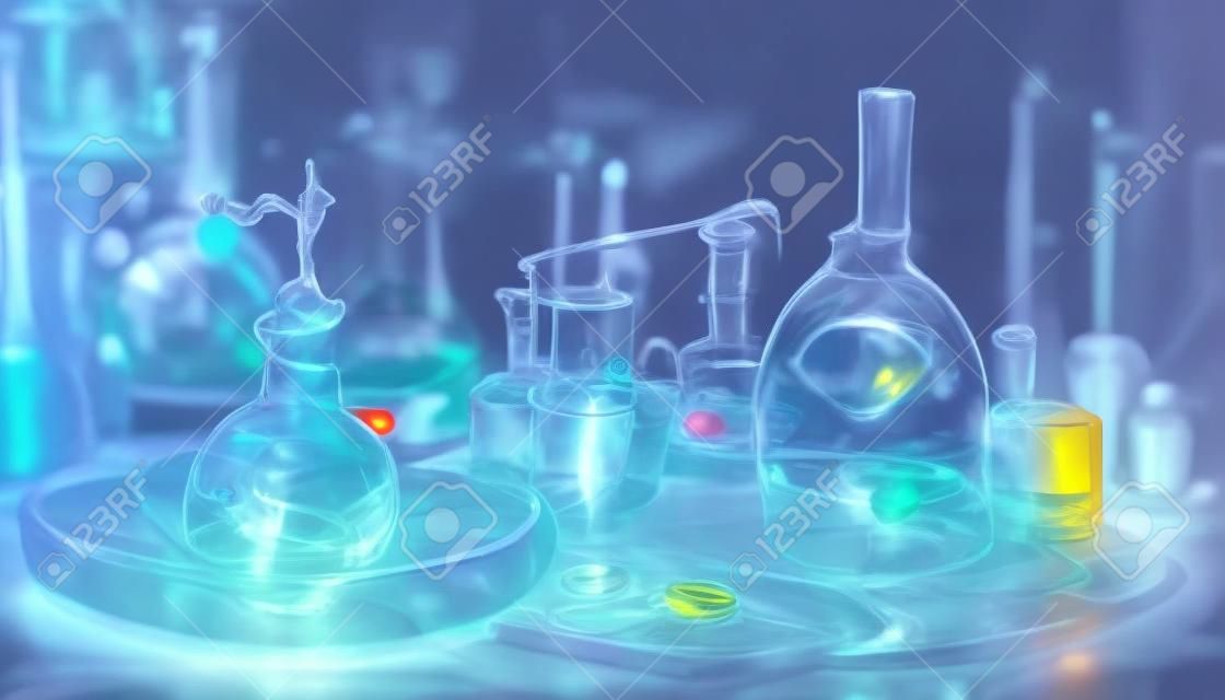 Asistente de laboratorio, tubos químicos y matraces de diferentes formas y colores, ilustración ai