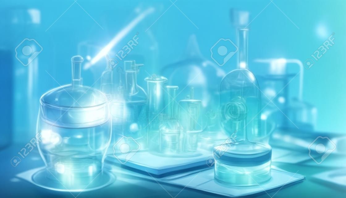 Wizard laboratory, chemical tubes and flasks of different shape and color, ai illustration