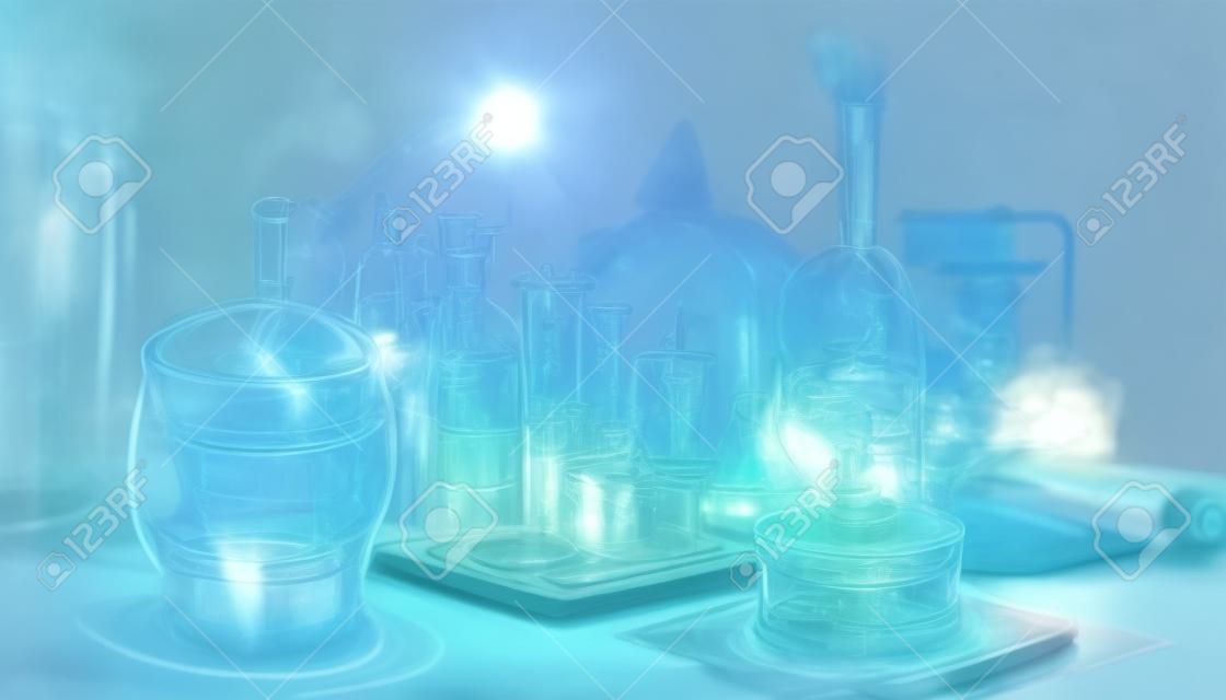 Wizard laboratory, chemical tubes and flasks of different shape and color, ai illustration