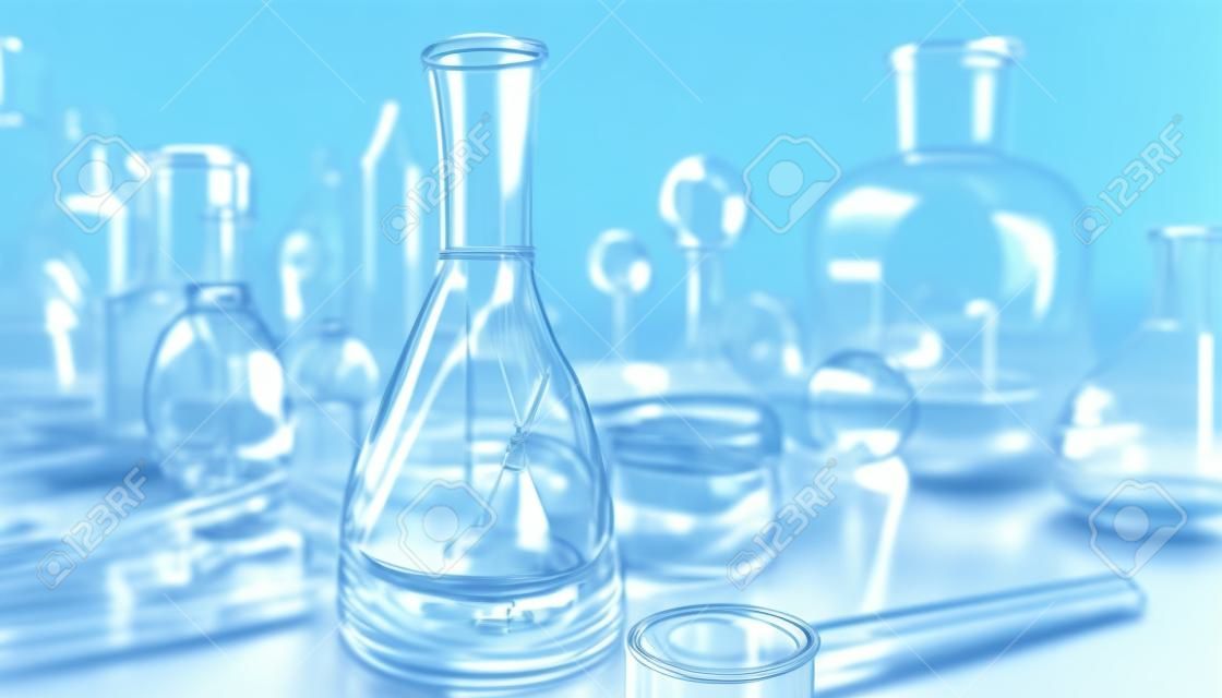 Tubos químicos de laboratorio químico y matraces de diferentes formas e ilustraciones en color en un fondo de magia alquímica de estilo 3d