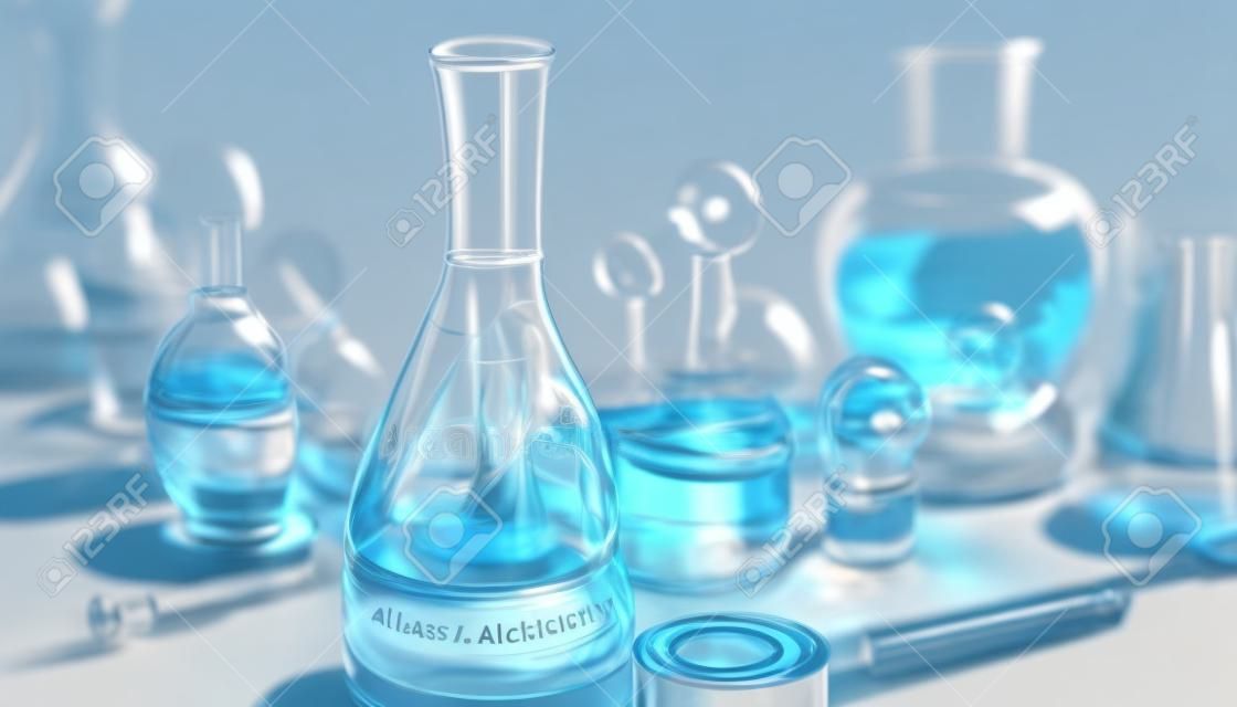 Tubos químicos de laboratorio químico y matraces de diferentes formas e ilustraciones en color en un fondo de magia alquímica de estilo 3d