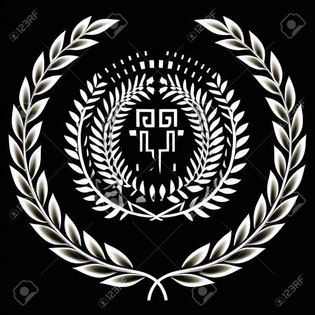 月桂花环-胜利和成就的象征设计奖章建造奖章武器或周年纪念徽标黑色轮廓白色背景桂冠花环图标