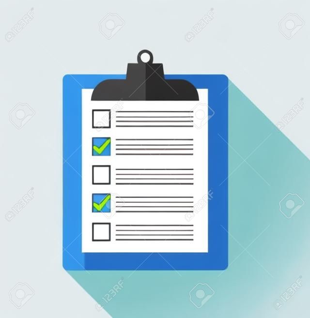 Clipboard with blank checklist form, to-do list and planning project with office supplies. Flat icon modern design style vector illustration concept.
