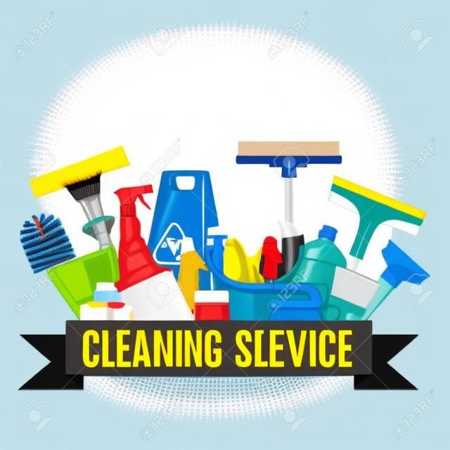 청소 서비스 평면 그림입니다. 다양한 청소 도구와 집안 청소 서비스에 대한 포스터 템플릿입니다. 젖은 바닥 기호, 양동이, 걸레, 스폰지, 브러쉬, 세제 제품을주의. 벡터 일러스트 레이 션