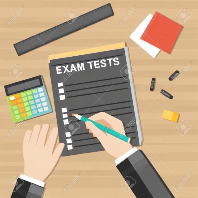 Student hand fills examination quiz paper, School exam test results. wooden school desk with pins, calculator. vector illustration in flat design.