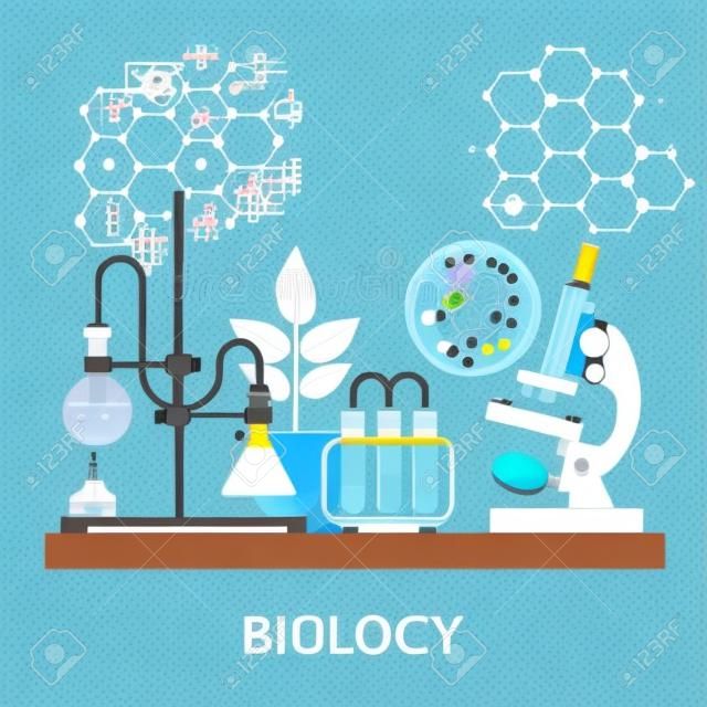 Biology laboratory workspace and science equipment , microscope, conceptual Scientific research. vector illustration in flat design
