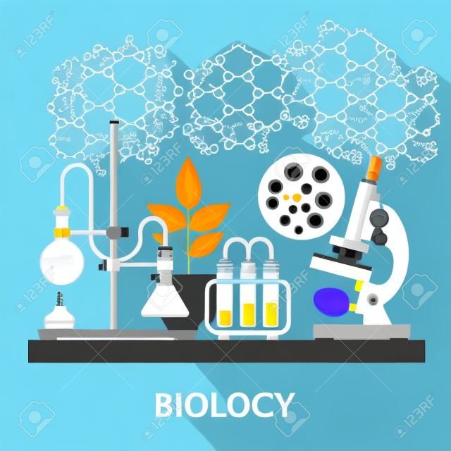 Biologia di laboratorio spazio di lavoro e apparecchiature scientifiche, microscopio, concettuale ricerca scientifica. illustrazione vettoriale in design piatto