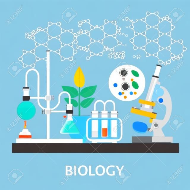 Biológiai laboratóriumi munkaterület és tudományos felszerelések, mikroszkóp, fogalmi tudományos kutatás. vektoros illusztráció lapos kialakítás