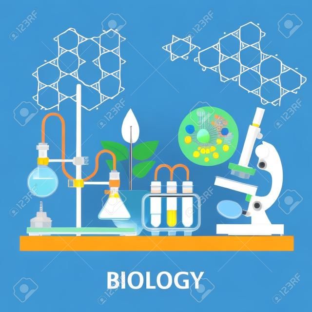 Biológiai laboratóriumi munkaterület és tudományos felszerelések, mikroszkóp, fogalmi tudományos kutatás. vektoros illusztráció lapos kialakítás