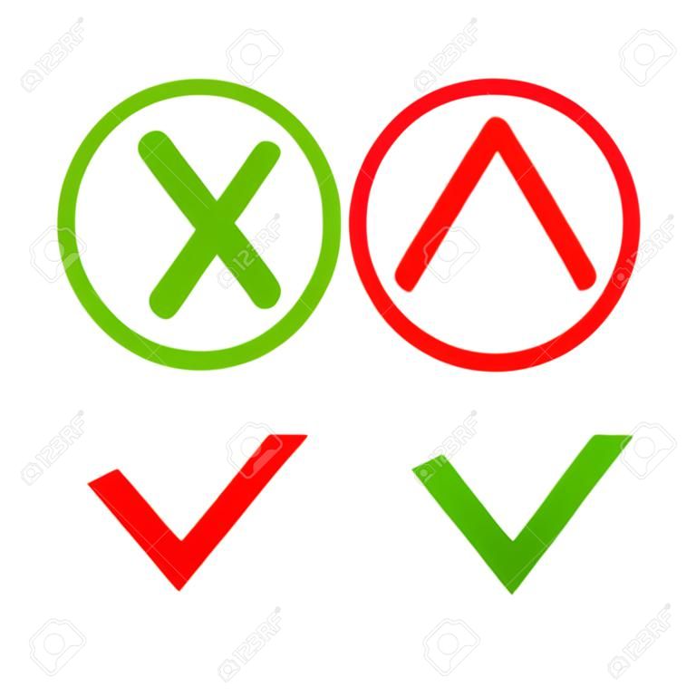 Zaznaczyć i krzyż znaków. Zielony znacznik OK i czerwone ikony X, na białym tle. Proste znaki projektowania graficznego. Symbole Tak i nie przycisk do głosowania, decyzji, web. ilustracji wektorowych