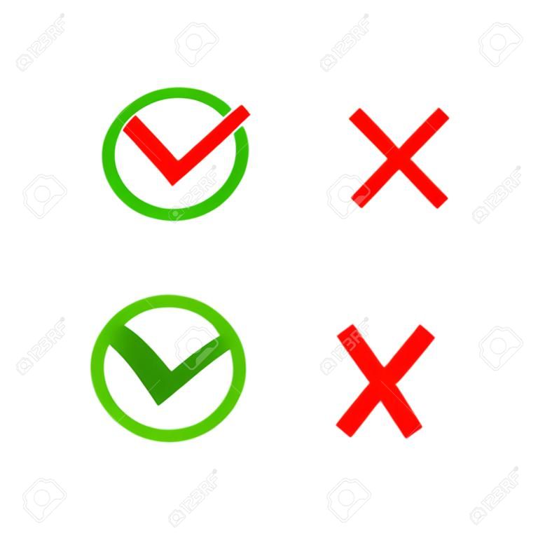 蜱和交叉的跡象。綠色的對號OK和紅色的X圖標，在白色背景孤立。簡單的標誌圖形設計。符號YES和投票，決定網站沒有按鈕。矢量插圖