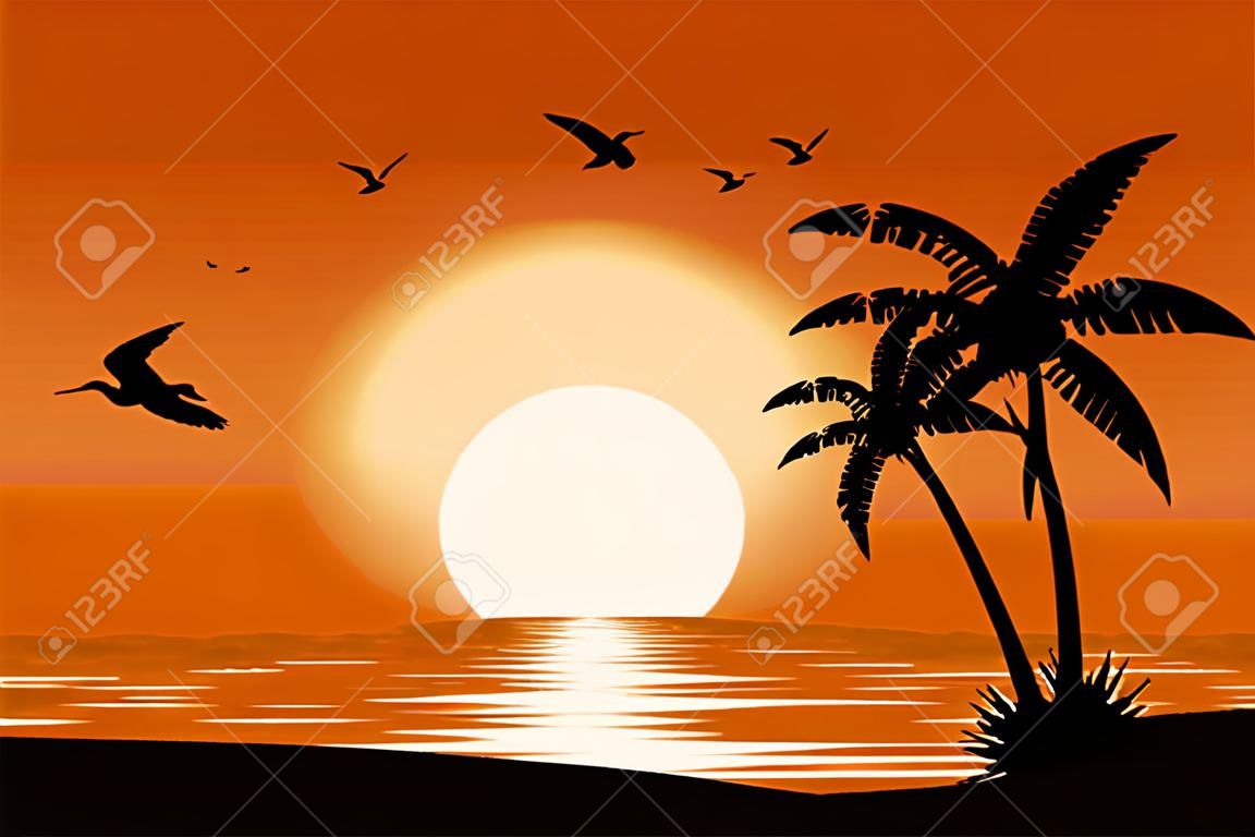 Силуэт пальмы на пляже под закатом фоне неба. Векторные иллюстрации