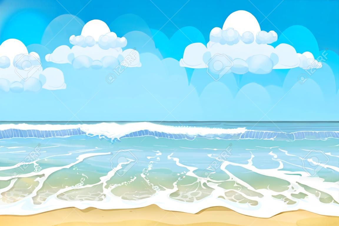 밝은 태양과 맑은 하늘 아래 모래 해변