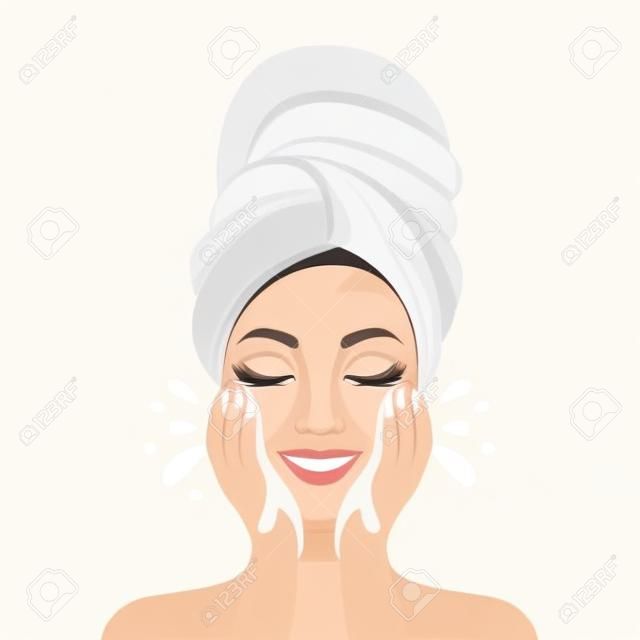 Mulher bonita no processo de lavar o rosto. ícone isolado no fundo branco. Conceito da beleza e da saúde do SPA. Ilustração do vetor no estilo liso