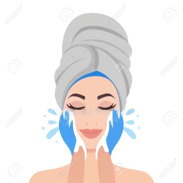Mulher bonita no processo de lavar o rosto. ícone isolado no fundo branco. Conceito da beleza e da saúde do SPA. Ilustração do vetor no estilo liso