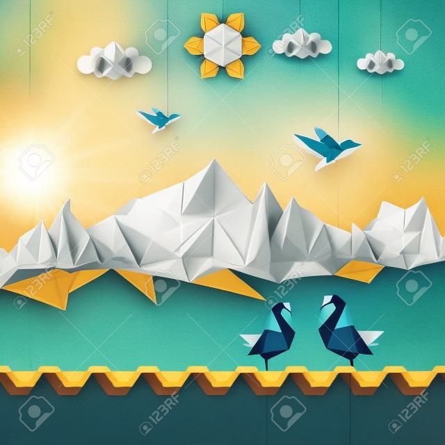 Realistic illustration, of origami clouds, birds and sun.