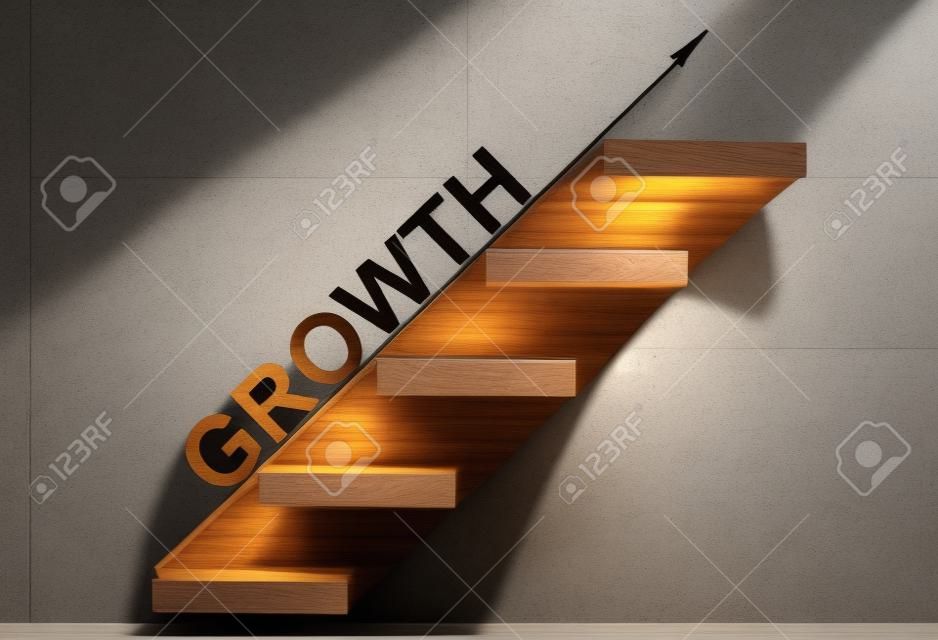 wooden stair made by wooden cube block with text GROWTH. Business