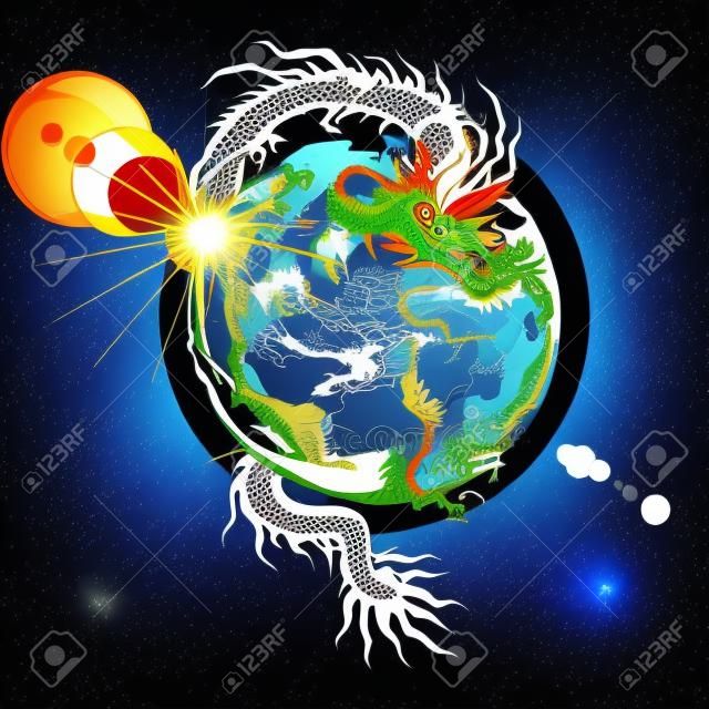 vector illustration chinese dragon holding planet earth