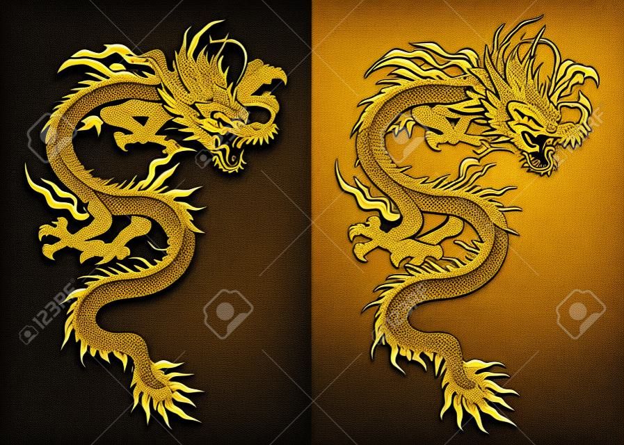 矢量说明中国传统龙黄金在黑色背景和白色背景隔离对象模板设计是适合任何插图