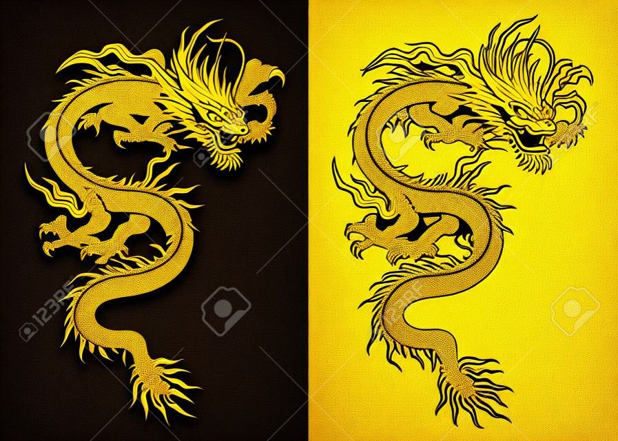 illustrazione vettoriale Drago cinese tradizionale oro su sfondo nero e uno sfondo bianco. Oggetto isolato. Il design del modello è adatto a qualsiasi illustrazione.