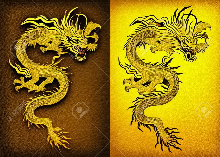 illustrazione vettoriale Drago cinese tradizionale oro su sfondo nero e uno sfondo bianco. Oggetto isolato. Il design del modello è adatto a qualsiasi illustrazione.