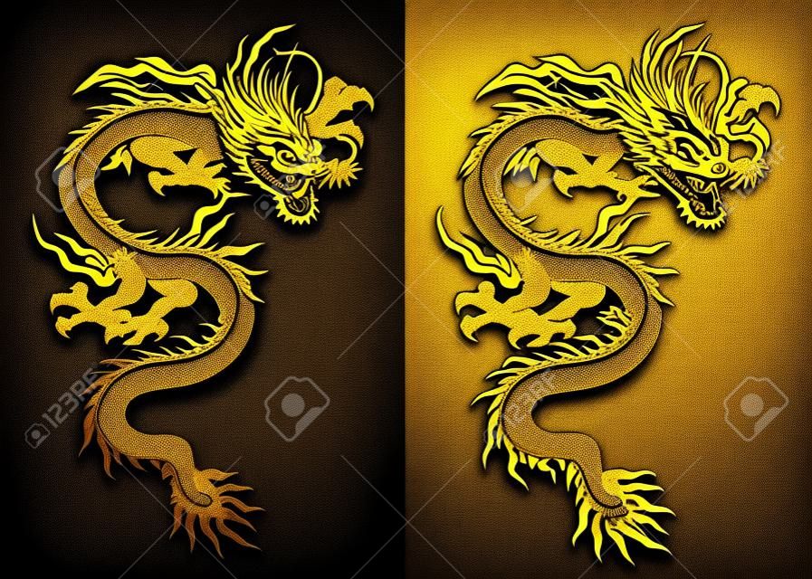 ベクトル図伝統的な中国のドラゴン、黒い背景と白い背景にゴールド。孤立したオブジェクト。テンプレートのデザインは、イラストに適しています。
