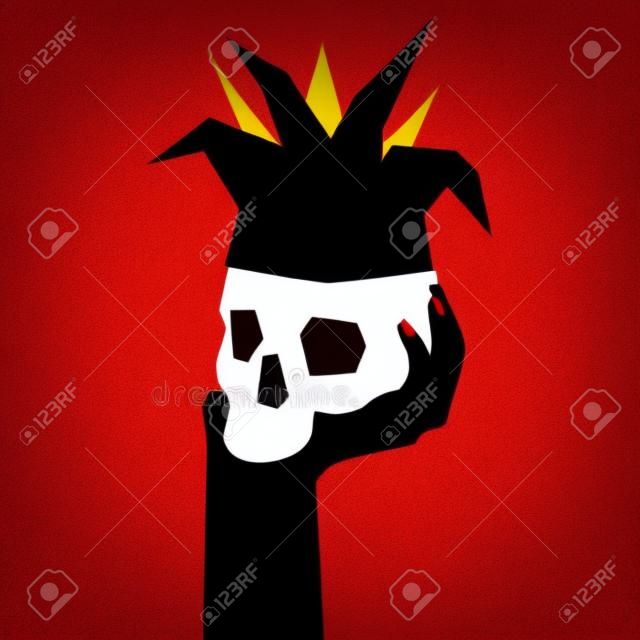 Skull in a clown hood on a woman s hand. Vector illustration on a bright red background.