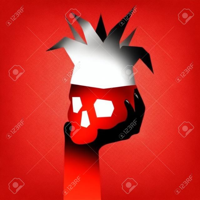Skull in a clown hood on a woman s hand. Vector illustration on a bright red background.