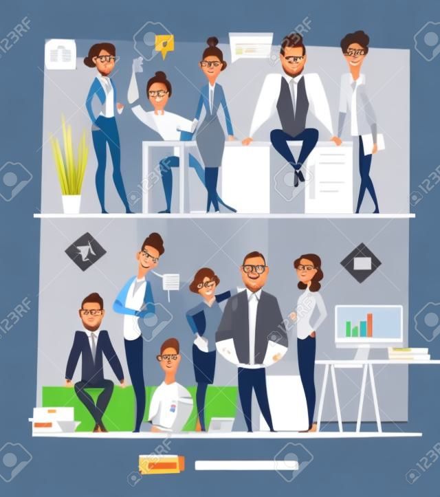 ビジネスのキャラクターのシーン。現代のビジネス オフィスのチームワーク
