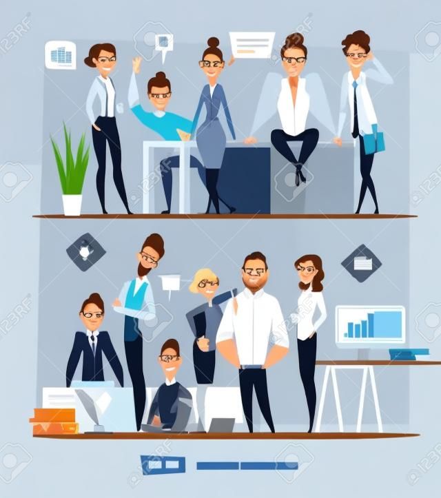 ビジネスのキャラクターのシーン。現代のビジネス オフィスのチームワーク