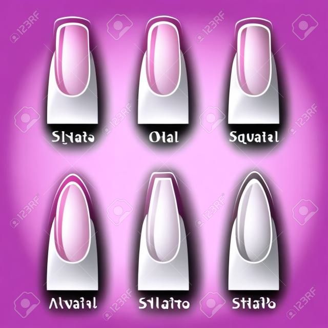 Nail manicure, set of nails shapes - oval, square, almond, stiletto, ballerina squoval Vector