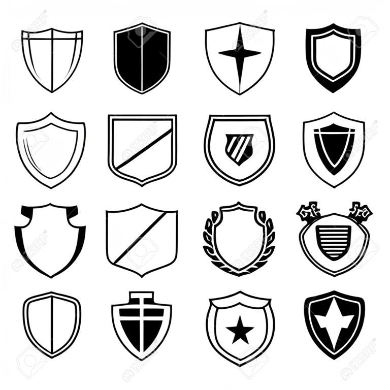 Set van oude schilden met verschillende emblemen in modern lijnontwerp. Voor veiligheid, beveiliging, beveiliging, schild en andere illustraties. Vector illustratie op een witte achtergrond.