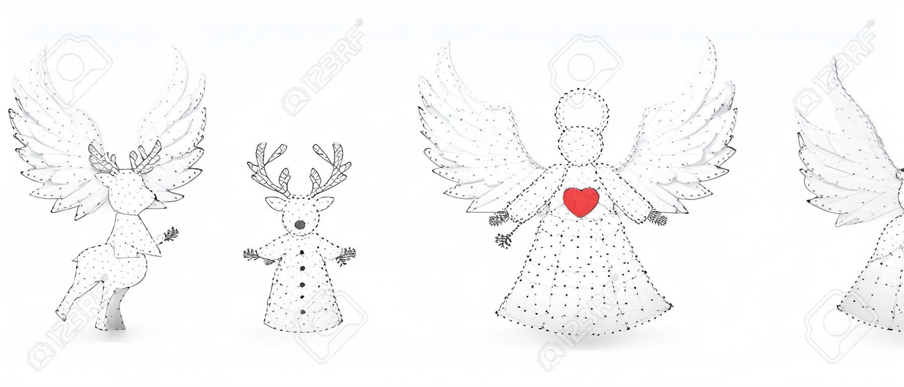 Christmas Angel, Deer, Reindeer, Snowman with a broom. Wintertime, snow days, winter holidays concept on white origami background. Low poly, abstract, polygonal, wireframe, 3d vector illustration