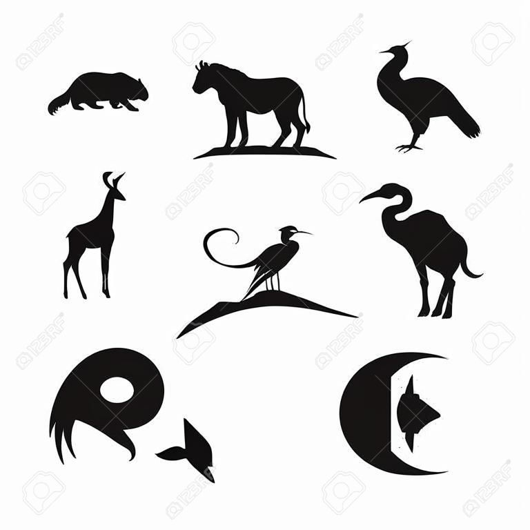 Tiere setzen Logo-Vektor-Silhouette auf weißem Hintergrund