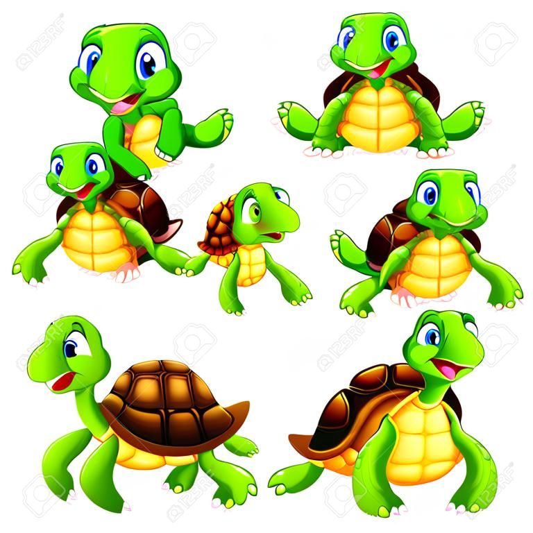 Векторные иллюстрации Счастливый черепаха мультфильм набор коллекции